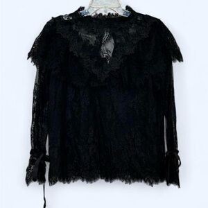 Romantic Whimsygoth Black Sheer Lace Long-Sleeve Steampunk Top Large